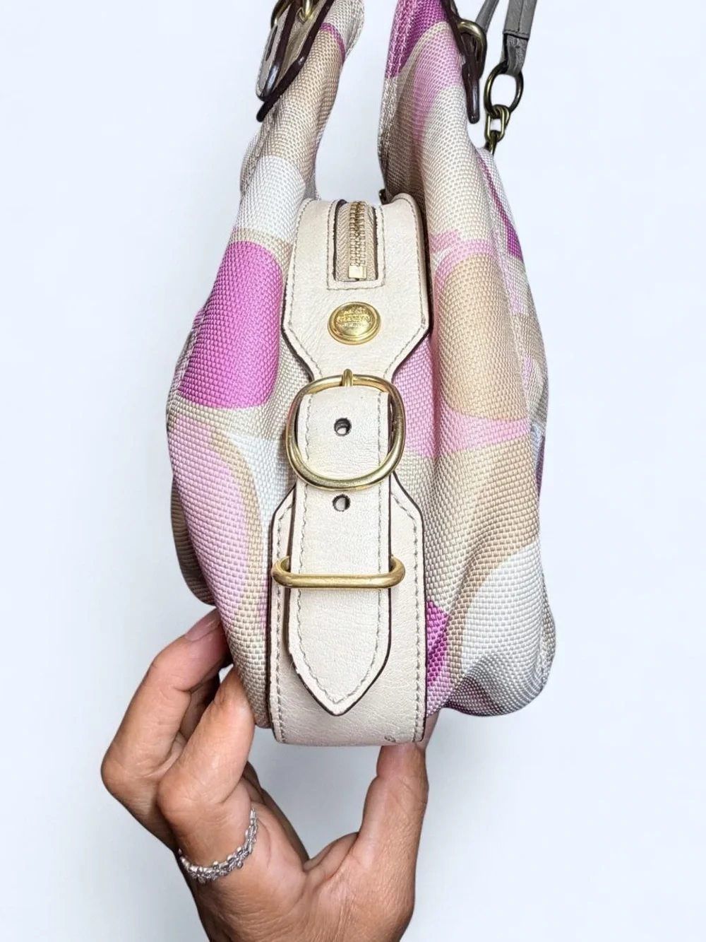 Coach Pink and Beige Signature C Hobo with Gold Hardware
